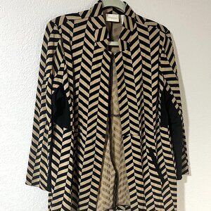 Chico's Long Cardigan Jacket Open Front Herringbon Pattern Black Accents Size 2